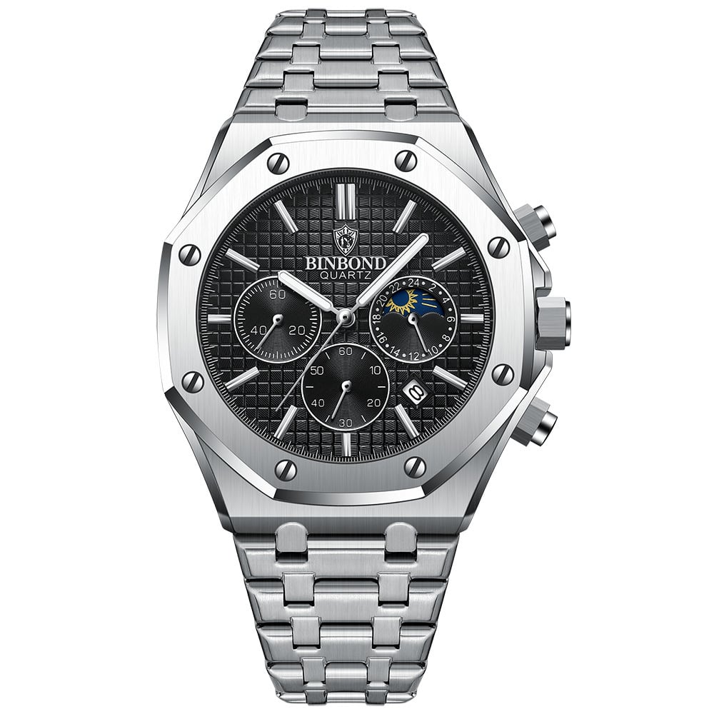 Three-Dial, Six-Hand Multifunction Moon Phase Men's Steel-Strap Watch