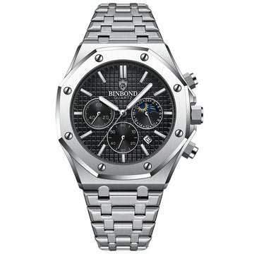 Three-Dial, Six-Hand Multifunction Moon Phase Men's Steel-Strap Watch