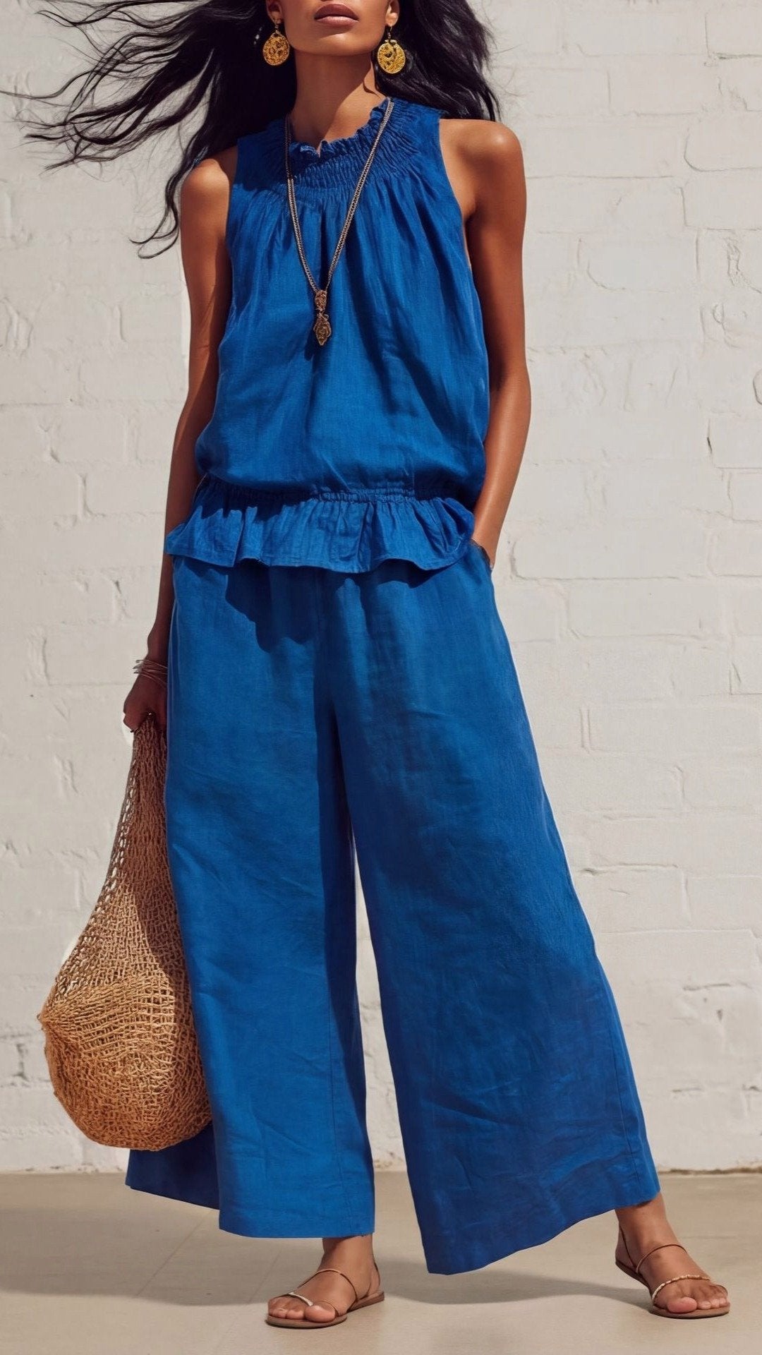 🌾 THE COTTON LINEN BOHO DUO: RUFFLED TOP + WIDE LEG PANTS — YOUR MOST COMFORTABLE SUMMER SET 🌾