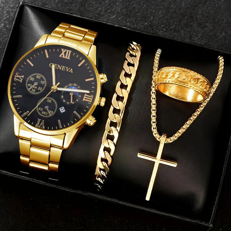 Luxury Men's Watch Gift Set with Glass Case and Quartz Movement