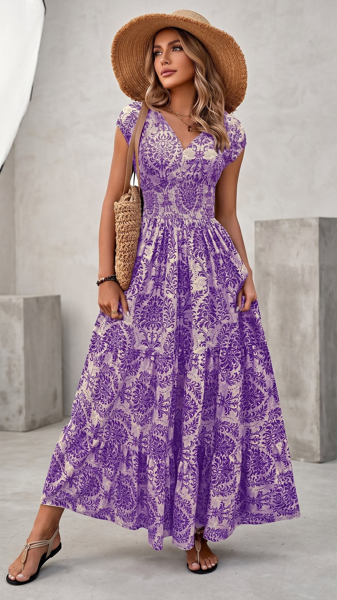 🌸 THE BOHEMIAN BLOOM MAXI: V-NECK, SHIRRED WAIST, ALL-OVER PRINT — YOUR SUMMER HOLIDAY DREAM DRESS 🌸