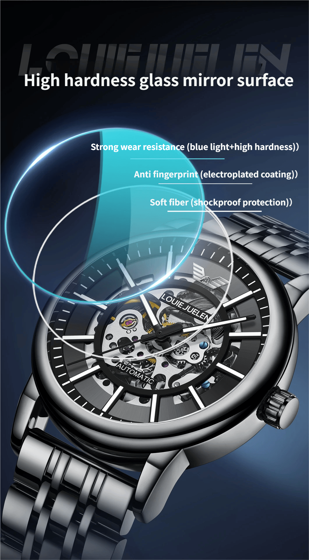 Men's Steel Strap Mechanical Watch with Skeletonised Movement and Luminescent Features