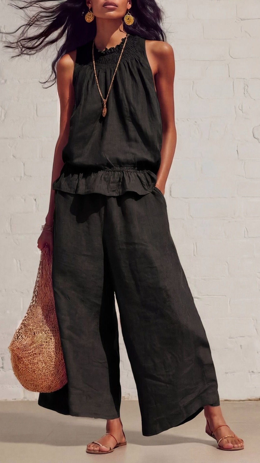 🌾 THE COTTON LINEN BOHO DUO: RUFFLED TOP + WIDE LEG PANTS — YOUR MOST COMFORTABLE SUMMER SET 🌾