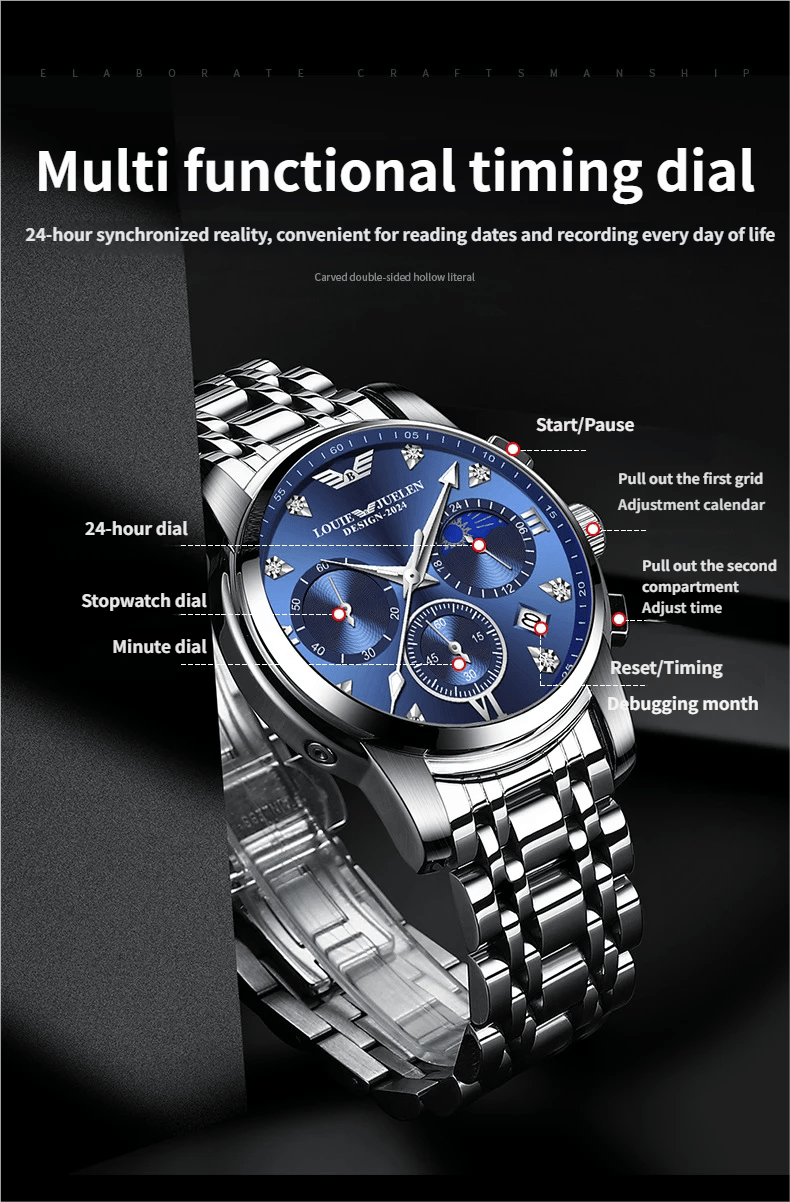 Men's luminous quartz watch with calendar, day, date, and moon phase display.