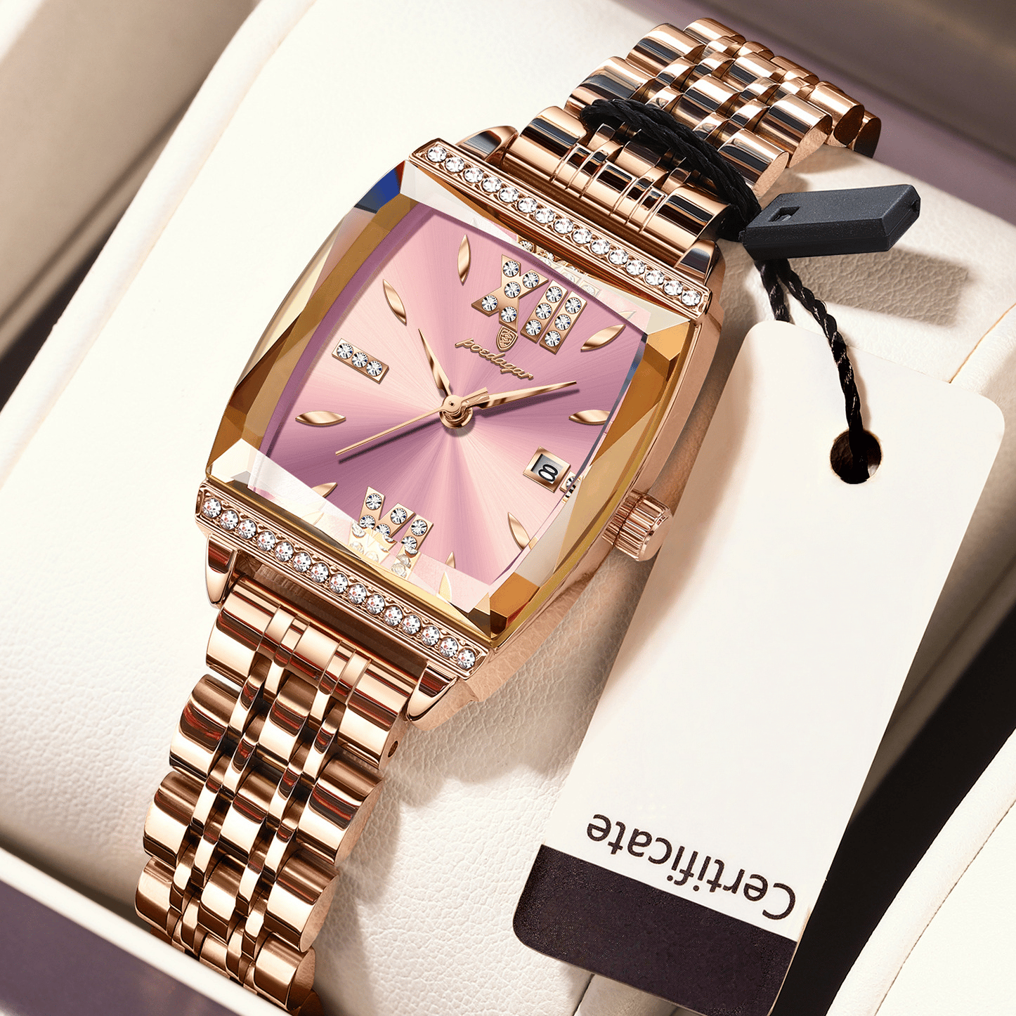 Diamond-set square ladies' water-resistant watch