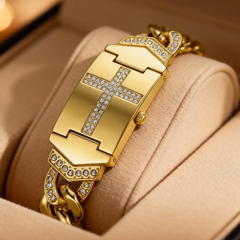 Women's Diamond-Set Cross-Shaped Flap-Style Gold Water-Resistant Wristwatch