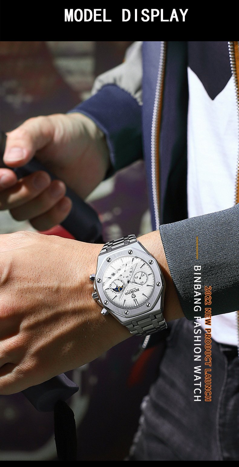 Three-Dial, Six-Hand Multifunction Moon Phase Men's Steel-Strap Watch