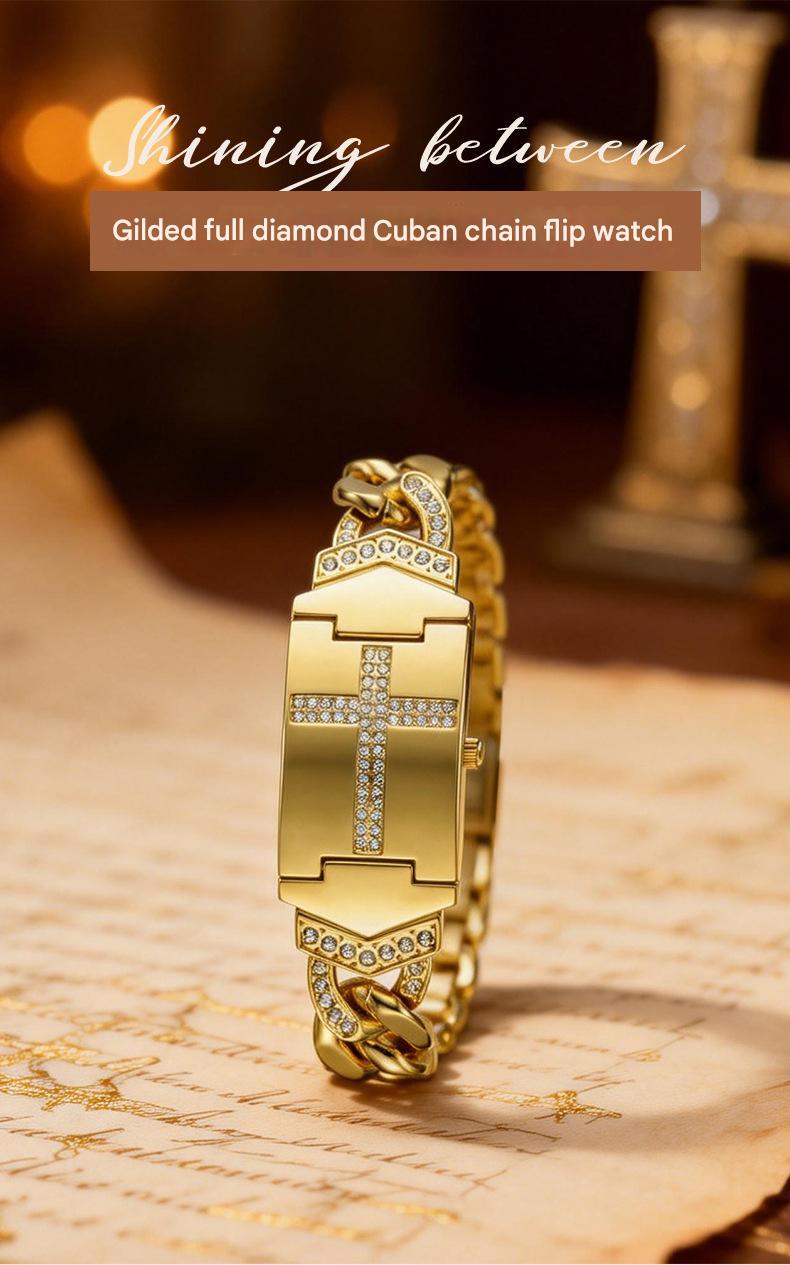Women's Diamond-Set Cross-Shaped Flap-Style Gold Water-Resistant Wristwatch