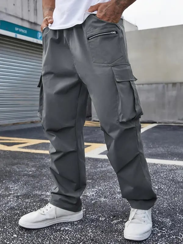 Men's Drawstring Cargo Pants ➰ Relaxed Fit Streetwear🔥Multi-Pocket Casual Trousers 🚶 Zipper Detail Straight Bottoms
