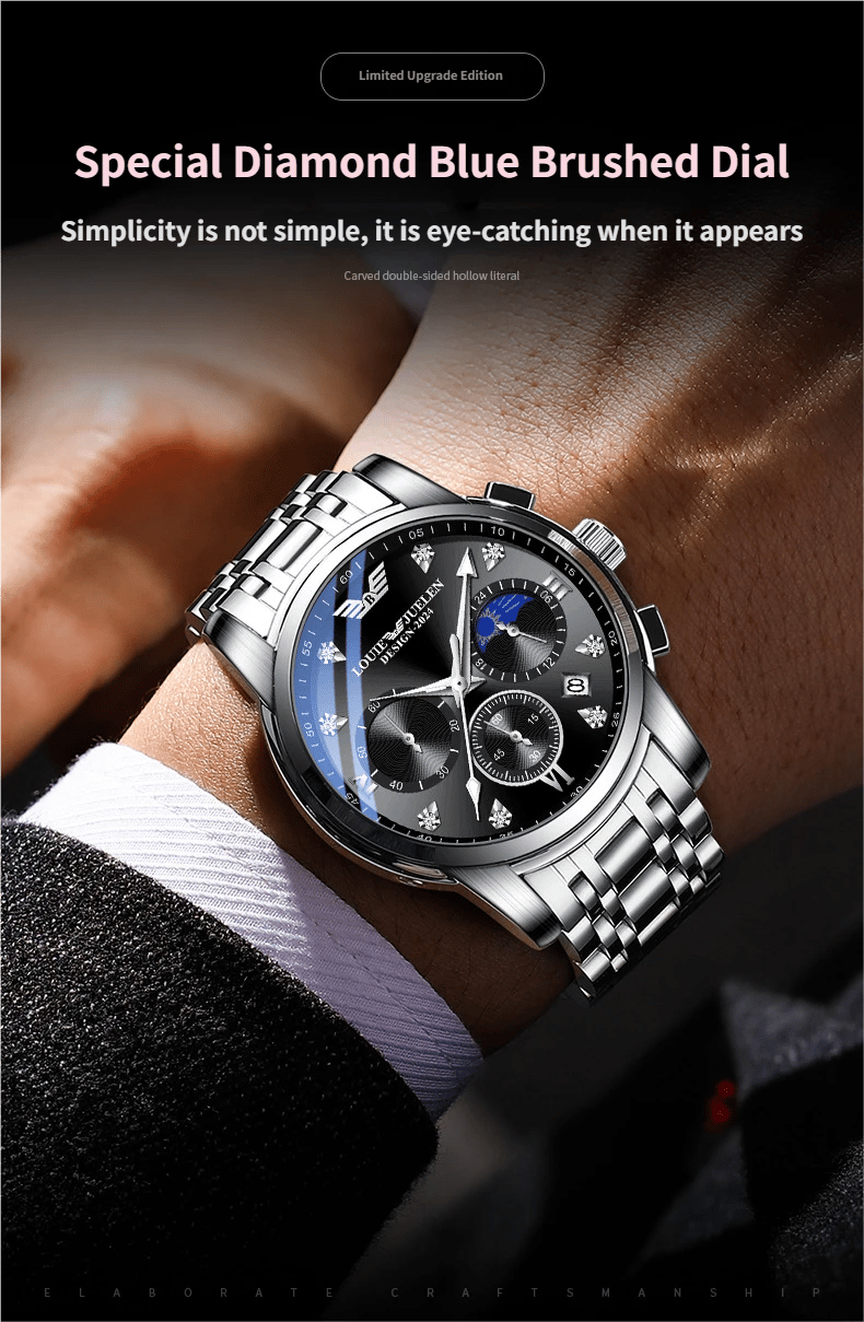 Men's luminous quartz watch with calendar, day, date, and moon phase display.