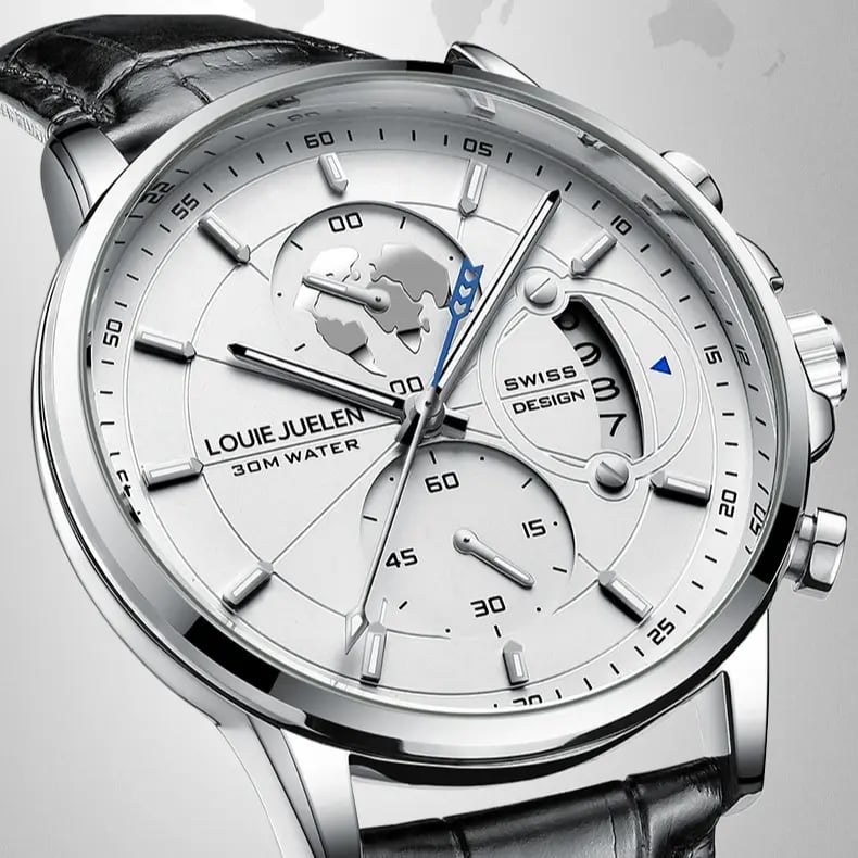 Elegant men's watch with globe design, 30m water resistant and luminous dial