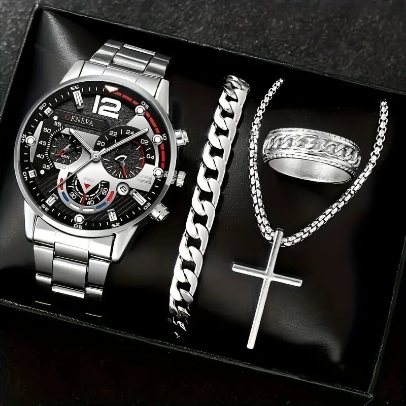 Luxury Men's Watch Gift Set with Glass Case and Quartz Movement
