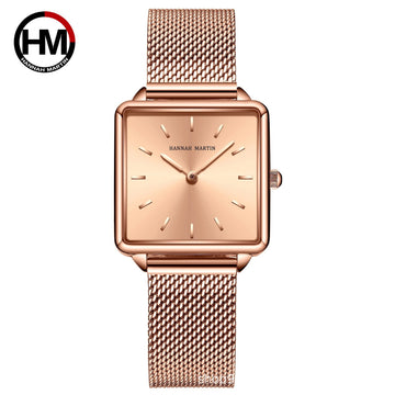 Vintage-style square-faced women's quartz watch with a steel bracelet and Japanese movement