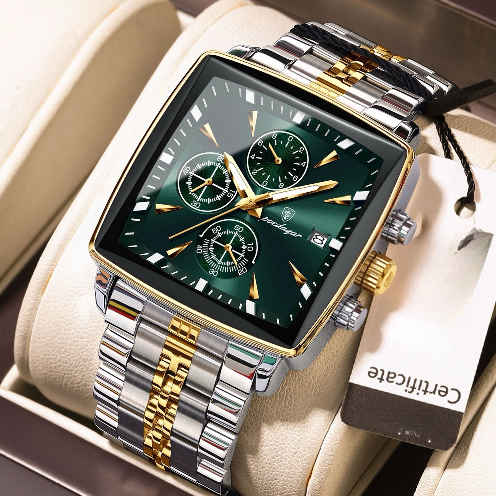 Men's Multifunctional Square Business Steel Band Quartz Watch