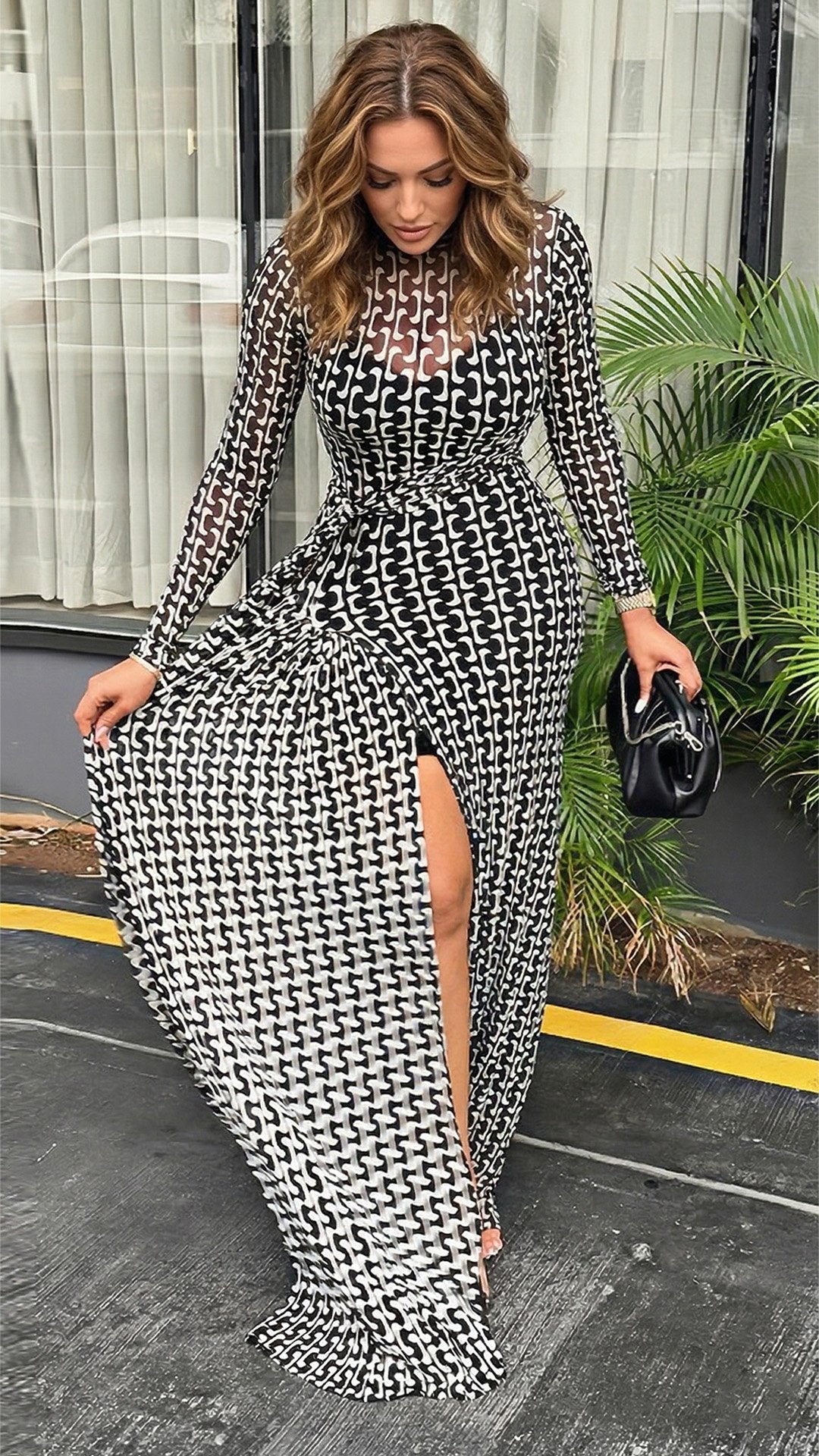 🖤🤍 THE GEOMETRIC MESH MAXI: HIGH SLIT, TIE WAIST, SHEER SLEEVES — YOUR NEW STATEMENT FOR EVERY ELEGANT OCCASION 🤍🖤