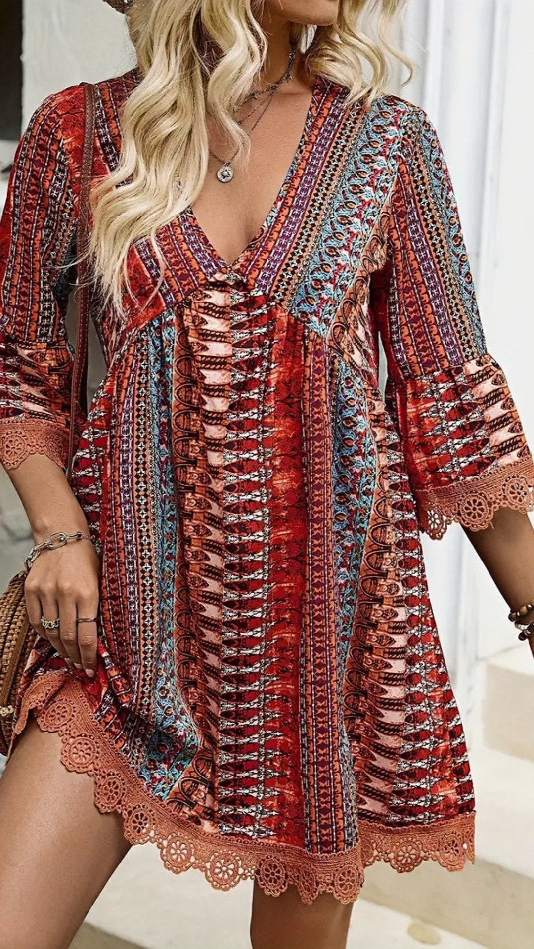 🌸 THE BOHEMIAN LACE TRIM DRESS: V‐NECK, LONG SLEEVES, ALL‐OVER PRINT — YOUR YEAR‐ROUND ESCAPE PIECE 🌸