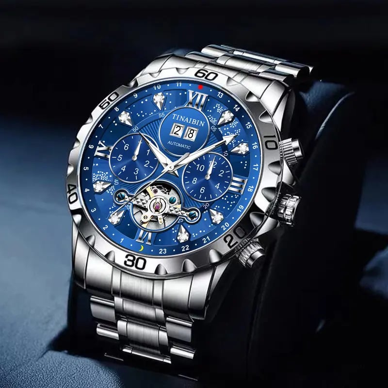 Luxury diamond-encrusted men's mechanical watch with Swiss-made movement, dual calendar, luminous and waterproof.