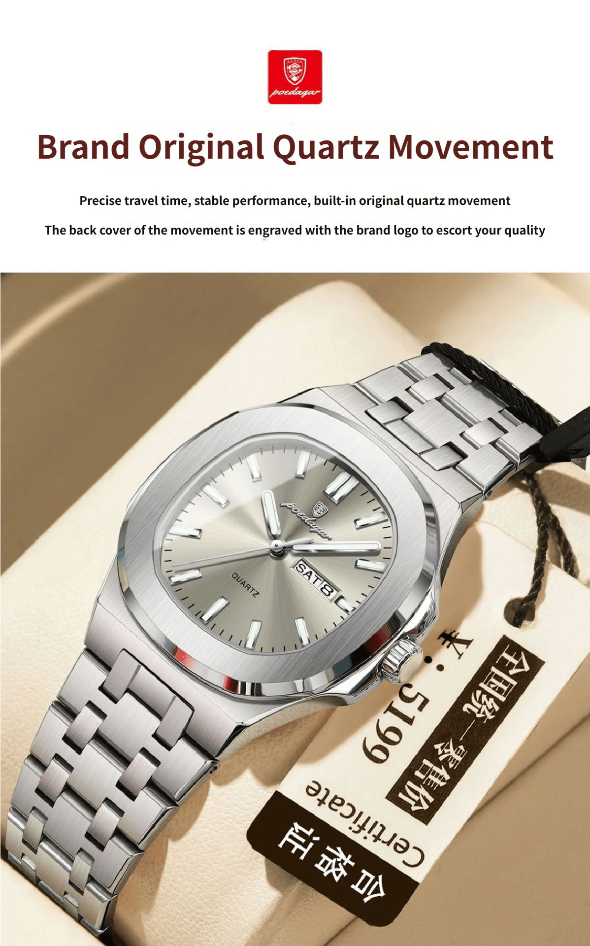 Square Quartz Watch with Water Resistance and Luminous Feature
