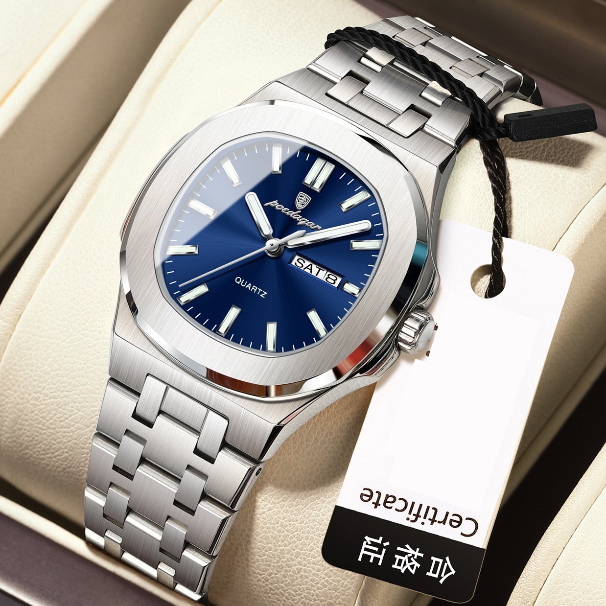 Square Quartz Watch with Water Resistance and Luminous Feature
