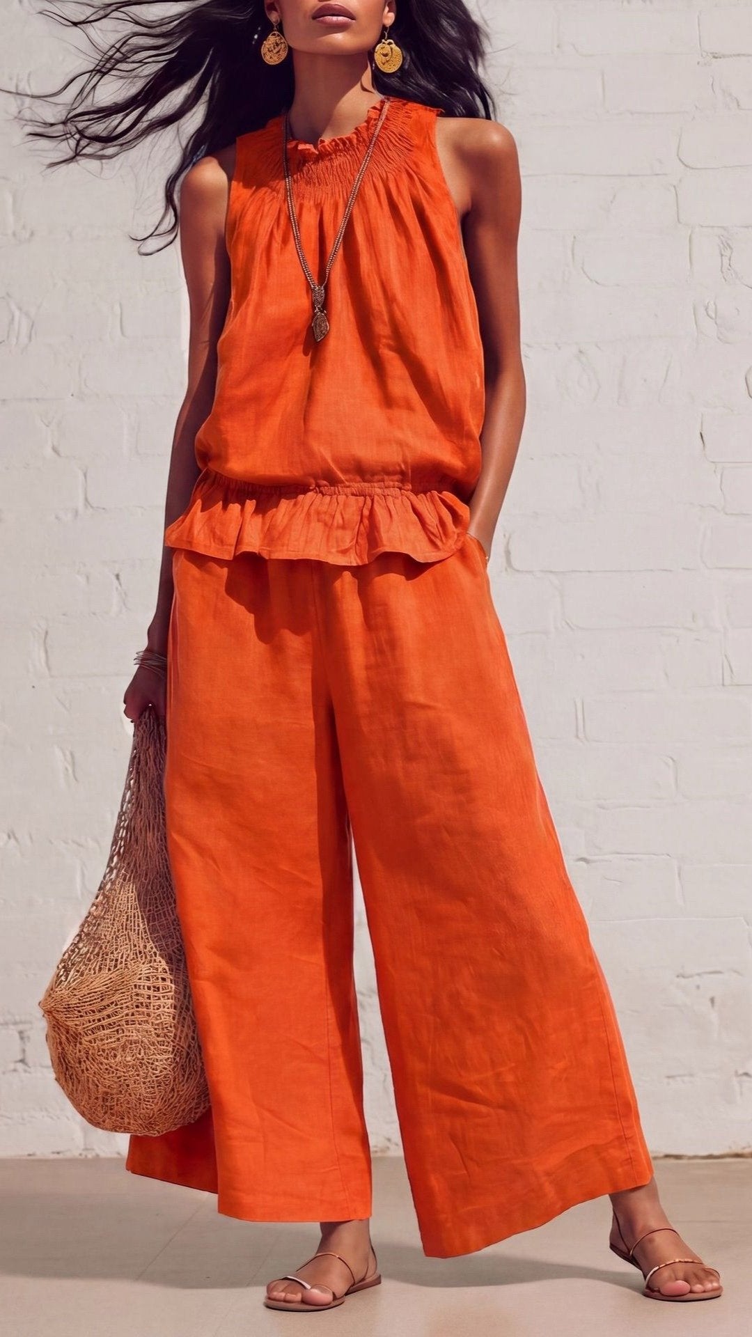 🌾 THE COTTON LINEN BOHO DUO: RUFFLED TOP + WIDE LEG PANTS — YOUR MOST COMFORTABLE SUMMER SET 🌾