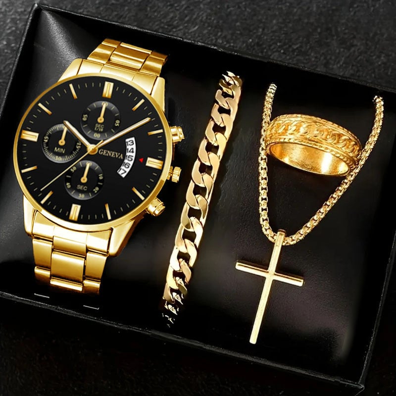 Luxury Men's Watch Gift Set with Glass Case and Quartz Movement