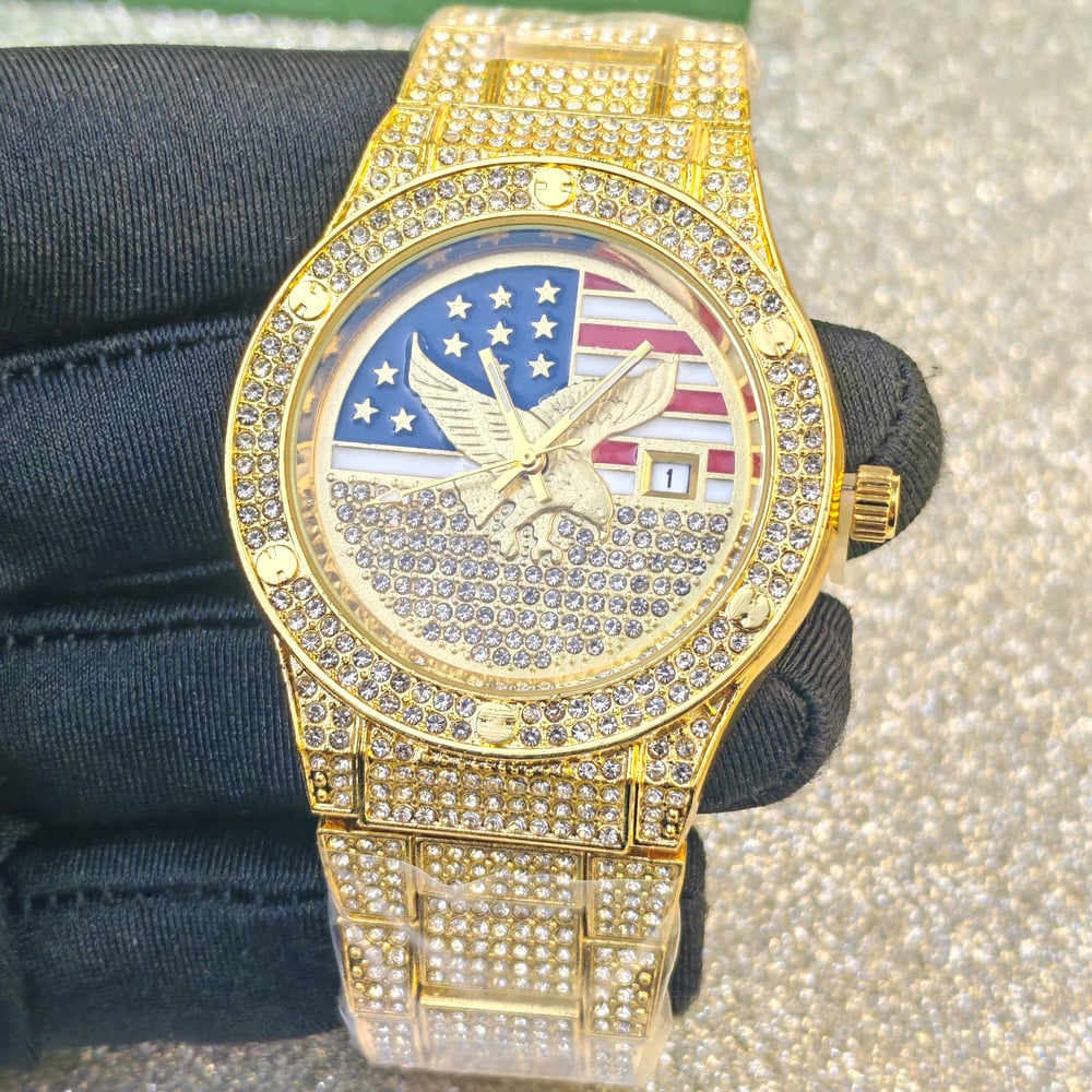 Men's Quartz Watch with Diamond-Set Stars and Stripes and Eagle Design
