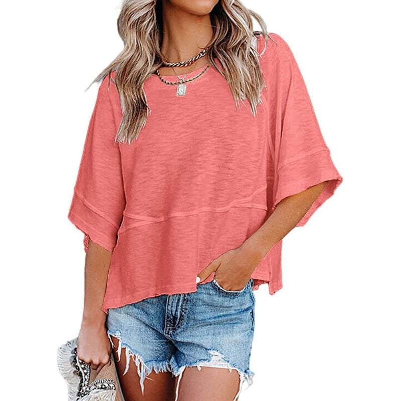 🤍 Women's Loose Fit Solid Color Crewneck Half Sleeve Casual Summer Top ✨
