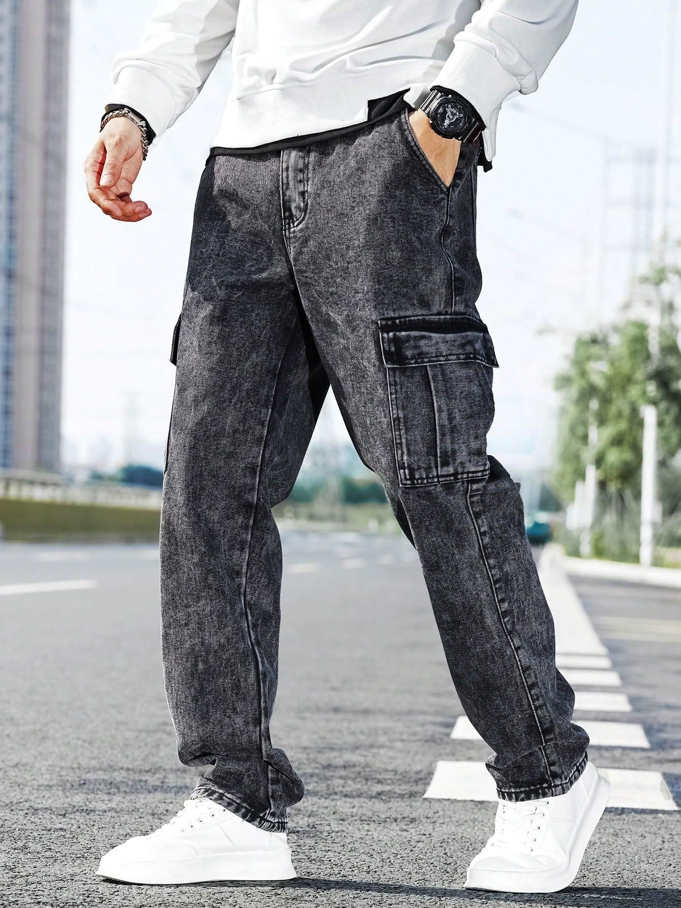 Men's Loose Fit Cargo Jeans - Baggy Multi-Pocket Casual Denim Pants - Trendy Streetwear Hip Hop Style Trousers