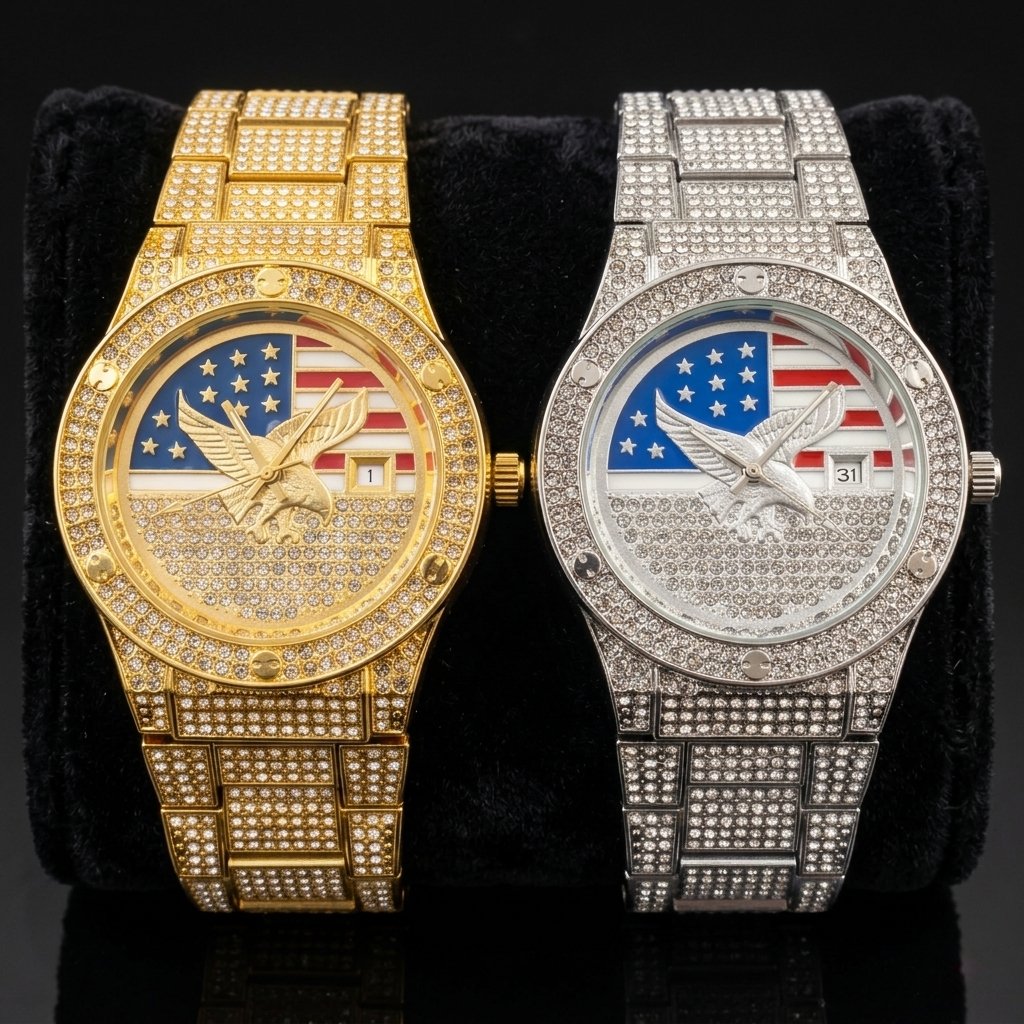 Men's Quartz Watch with Diamond-Set Stars and Stripes and Eagle Design