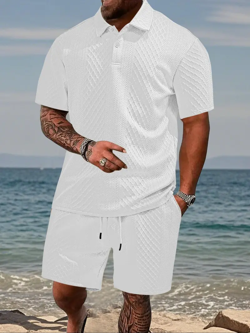 Men's Two-Piece Summer Outfit: Solid Polo & Drawstring Shorts, Cozy Breathable for Daily Wear---Buy 2 Get 15% Off & Free Shipping