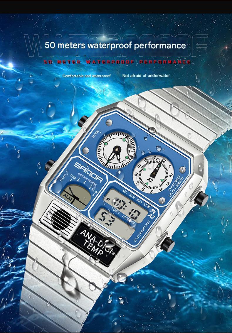 Multifunctional Men's Retro Square Waterproof Digital Watch with Thermometer and Timer