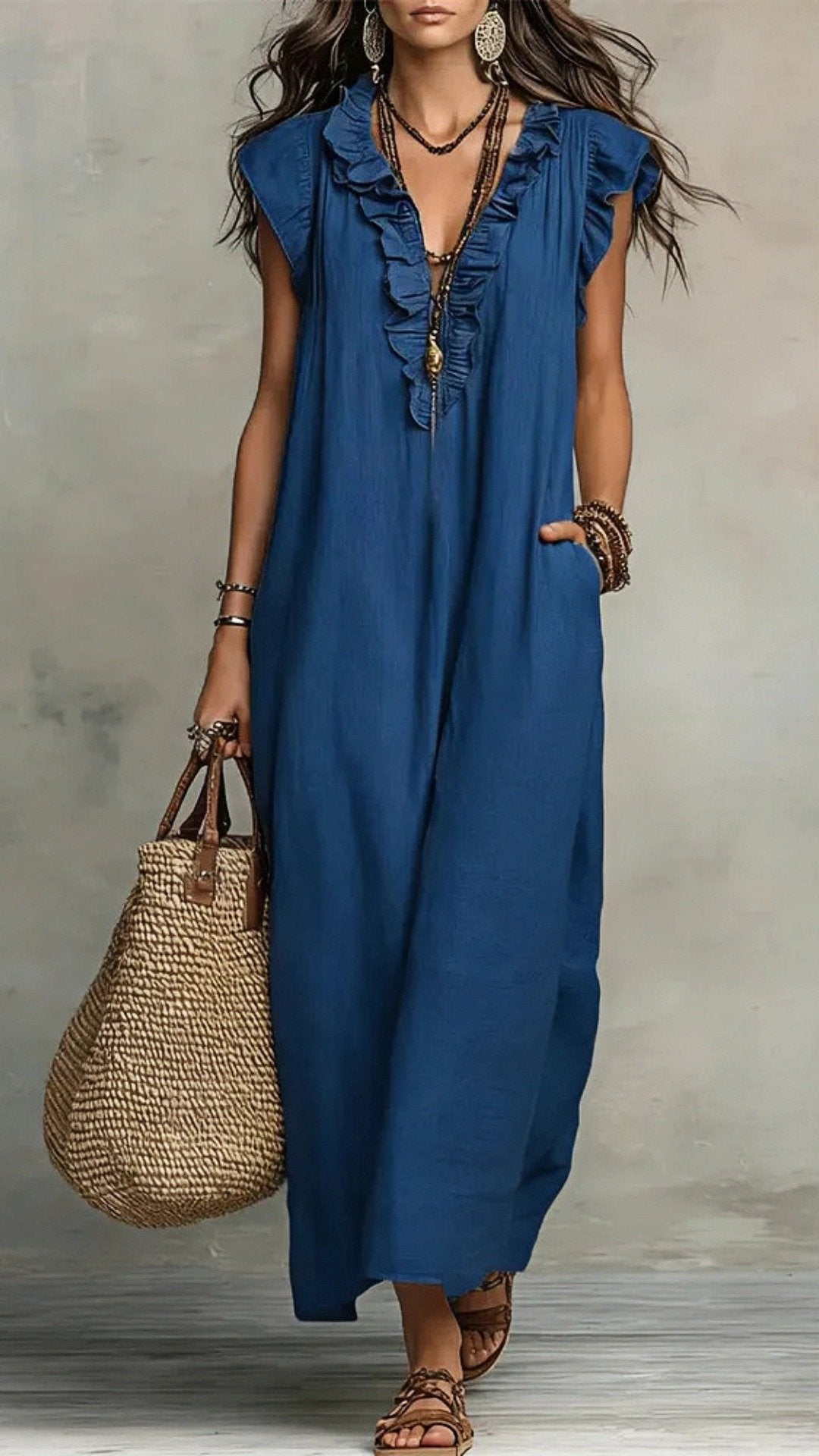 🌸 THE BOHO WANDERER MAXI: V‐NECK, RUFFLE HEM, SLEEVELESS – YOUR NEW HOLIDAY ESSENTIAL 🌸