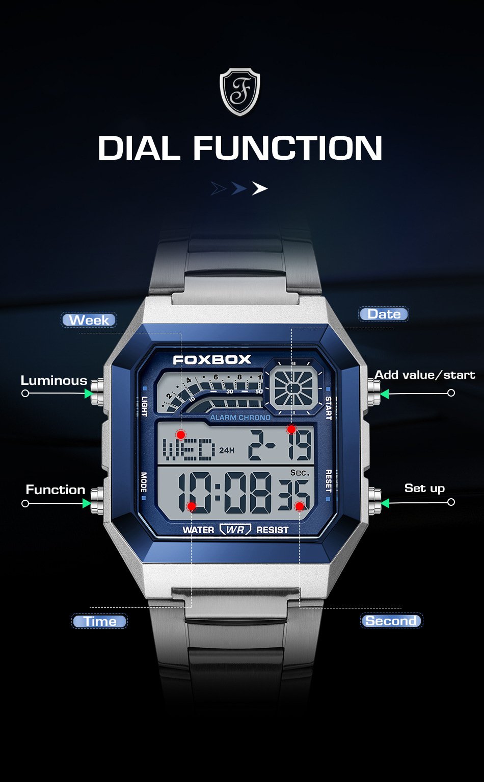 Square waterproof electronic watch for men and women