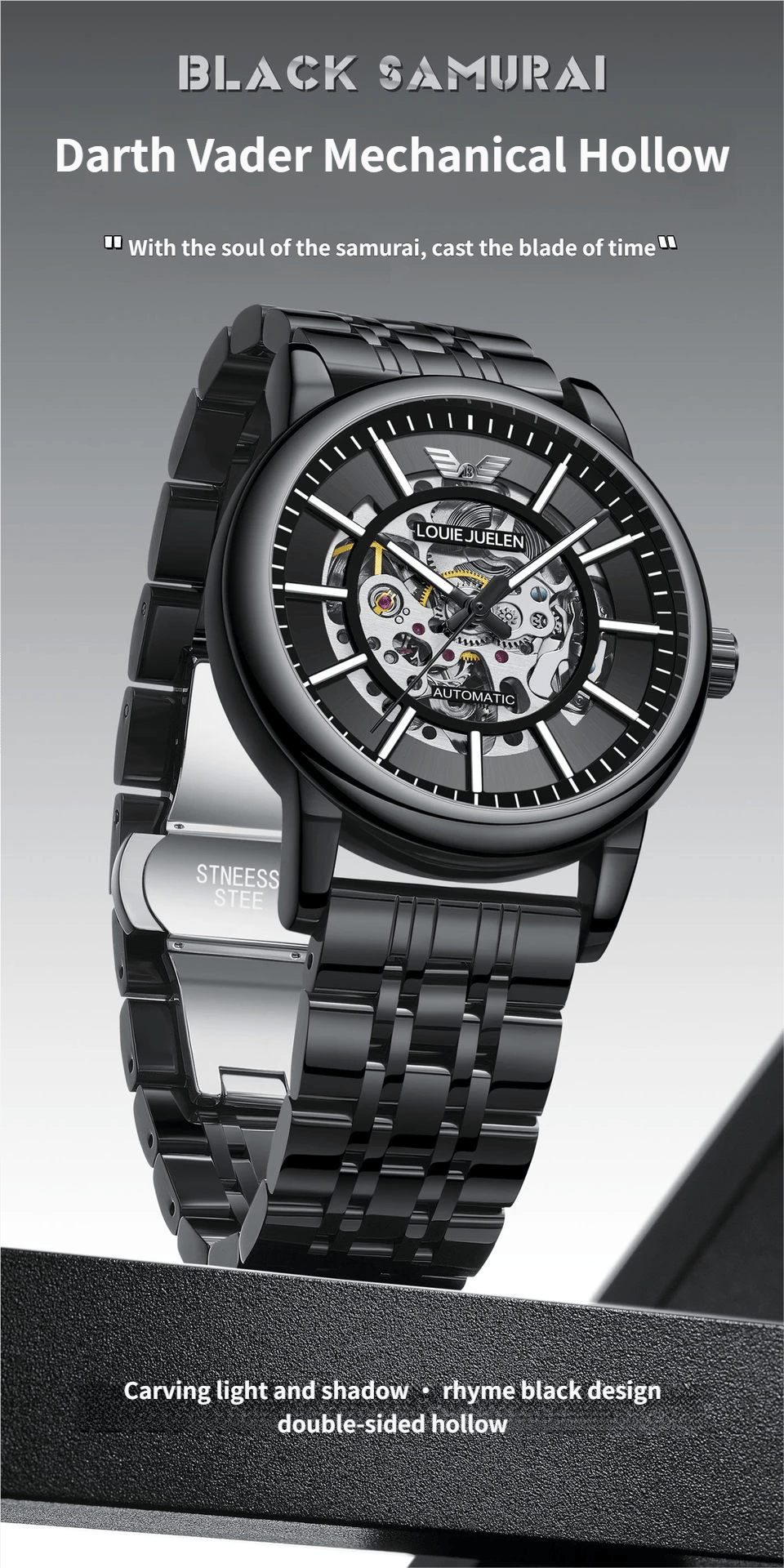 Men's Steel Strap Mechanical Watch with Skeletonised Movement and Luminescent Features
