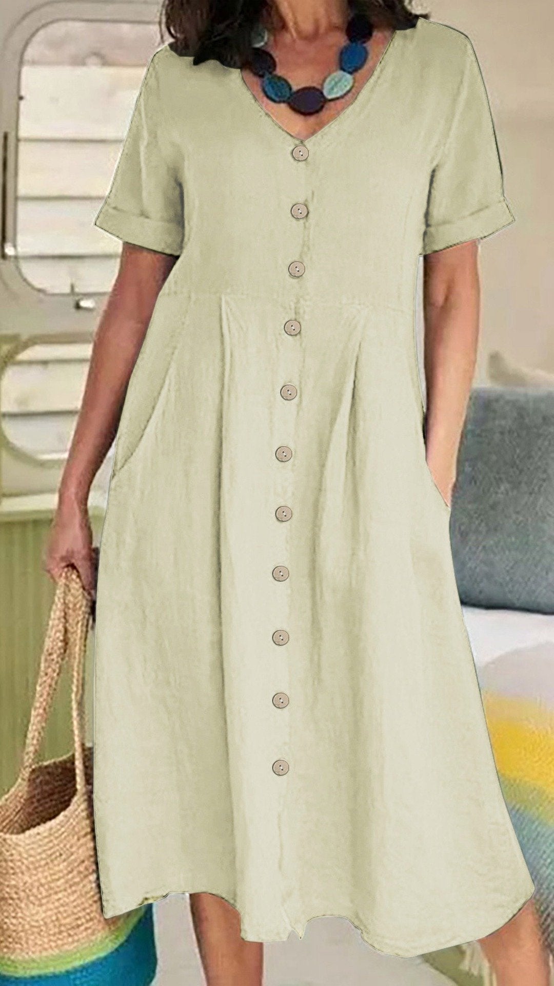 🌿 THE LINEN BUTTON MIDI: V-NECK, POCKETS, RELAXED FIT— NOW IN PLUS SIZE S-5XL! ✨