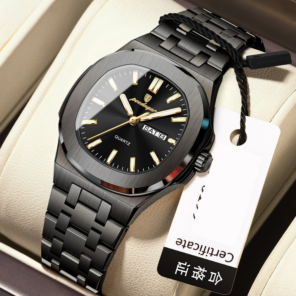 Square Quartz Watch with Water Resistance and Luminous Feature