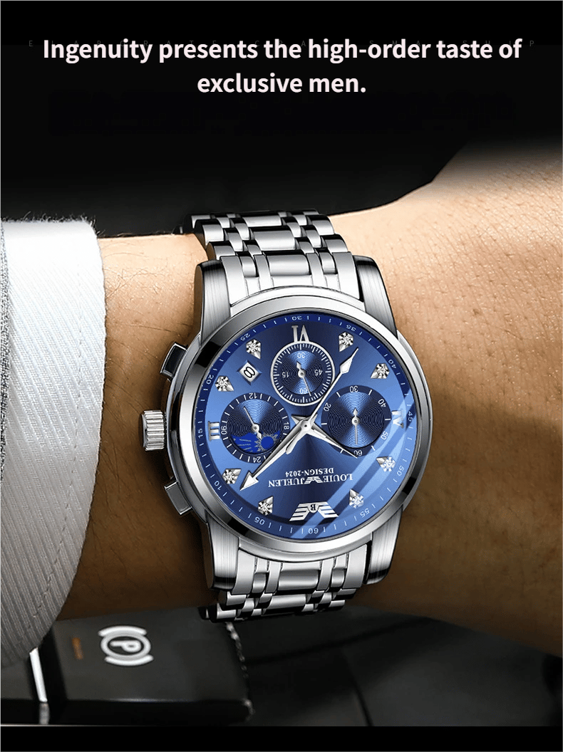 Men's luminous quartz watch with calendar, day, date, and moon phase display.