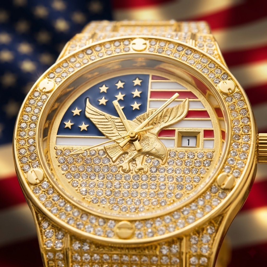 Men's Quartz Watch with Diamond-Set Stars and Stripes and Eagle Design