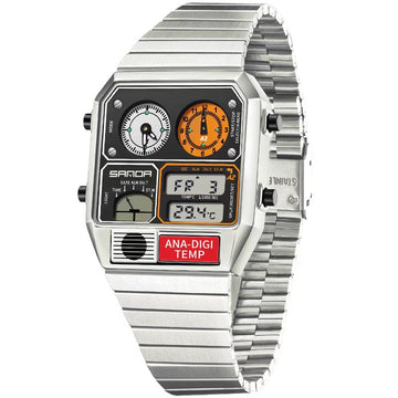 Multifunctional Men's Retro Square Waterproof Digital Watch with Thermometer and Timer