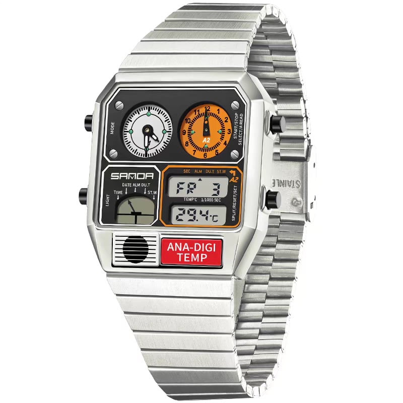 Multifunctional Men's Retro Square Waterproof Digital Watch with Thermometer and Timer