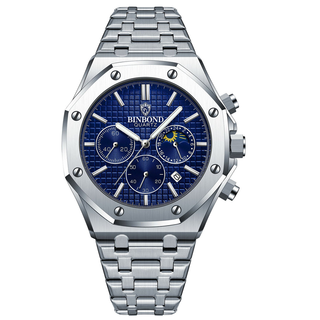 Three-Dial, Six-Hand Multifunction Moon Phase Men's Steel-Strap Watch
