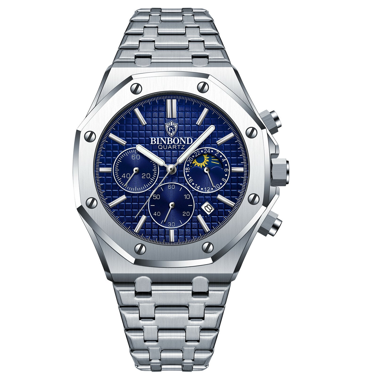 Three-Dial, Six-Hand Multifunction Moon Phase Men's Steel-Strap Watch