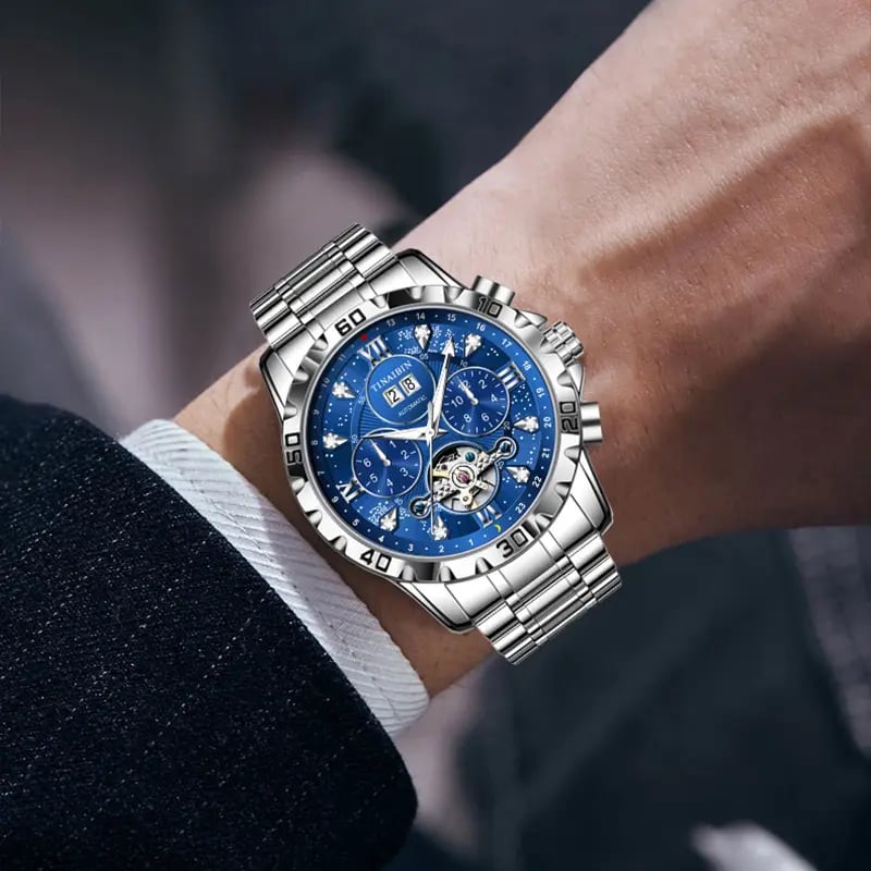 Luxury diamond-encrusted men's mechanical watch with Swiss-made movement, dual calendar, luminous and waterproof.