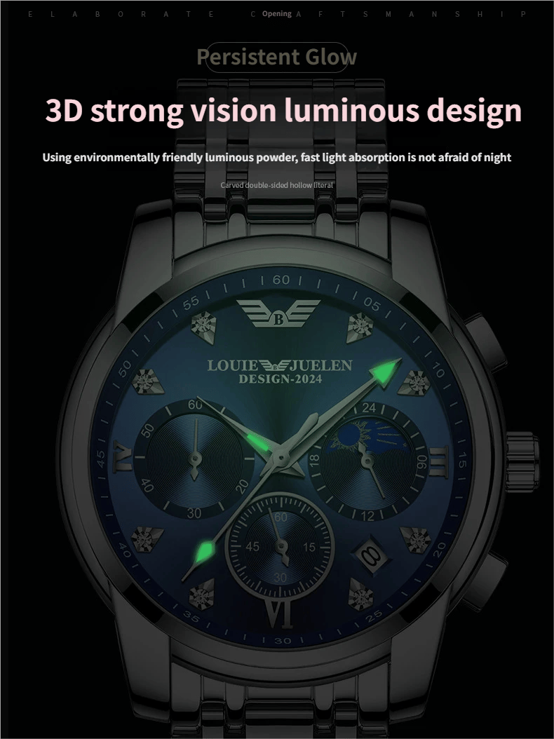 Men's luminous quartz watch with calendar, day, date, and moon phase display.