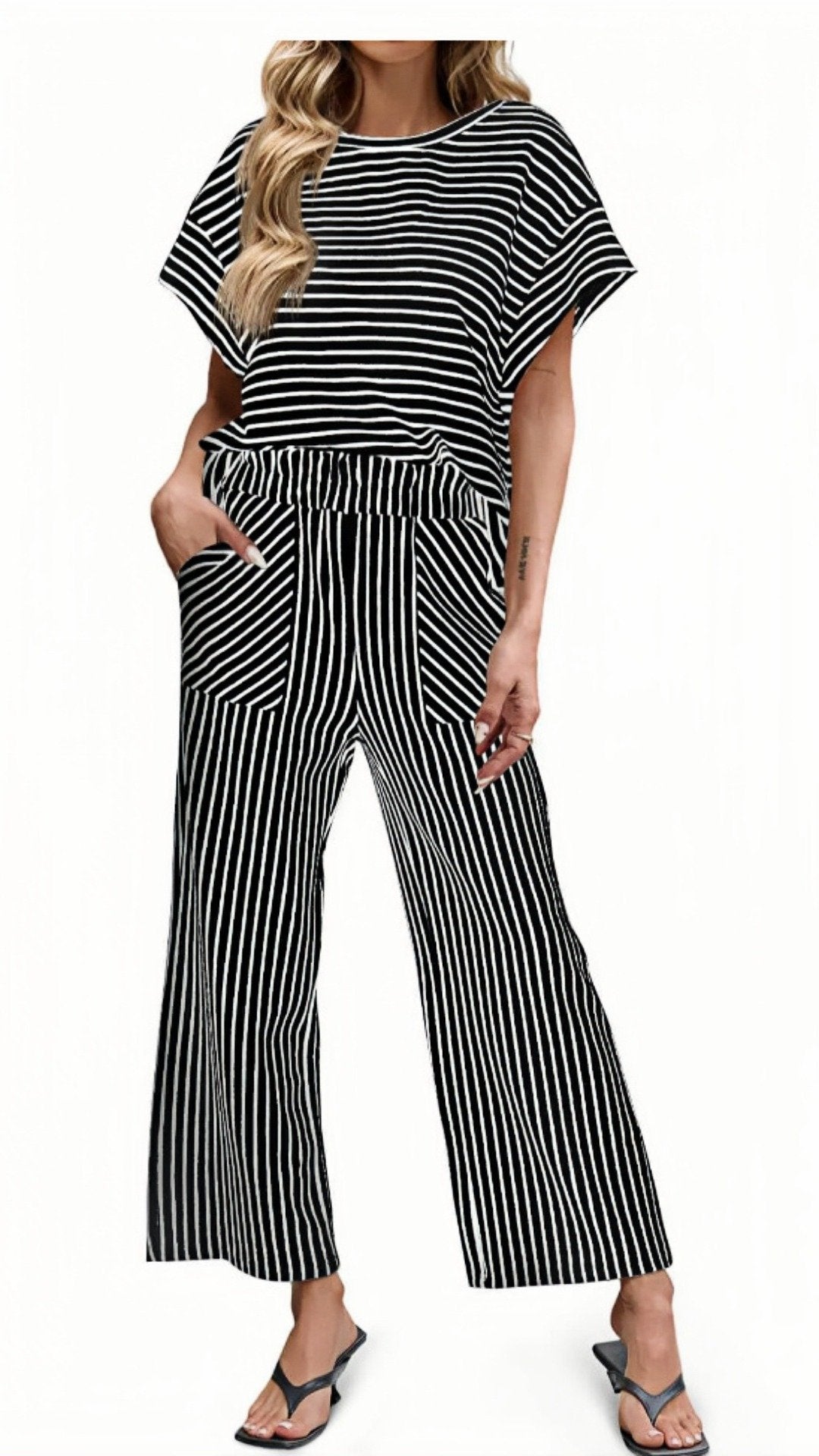 ⚫⚪ THE STRIPE SHIFT SET: BATWING SLEEVES, WIDE LEG PANTS, EFFORTLESS STYLE IN SECONDS ⚪⚫