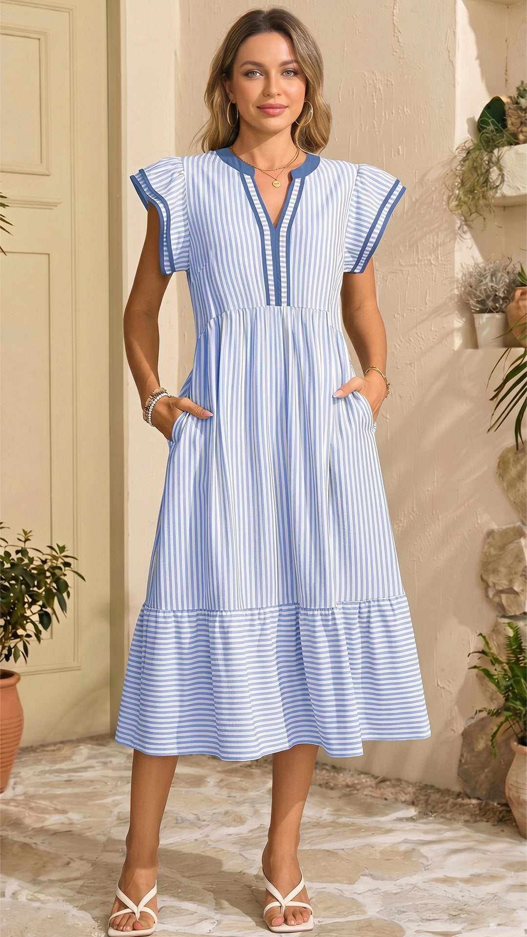 🌊 THE STRIPE MAXI: V-NECK, RUFFLE SLEEVES, POCKETS — YOUR SUMMER DREAM DRESS 🌊