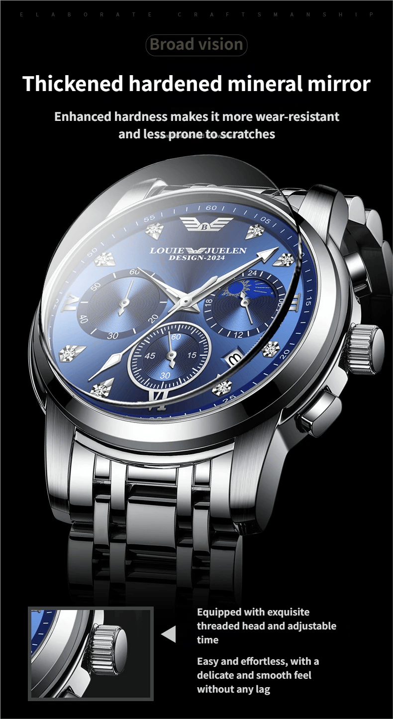 Men's luminous quartz watch with calendar, day, date, and moon phase display.
