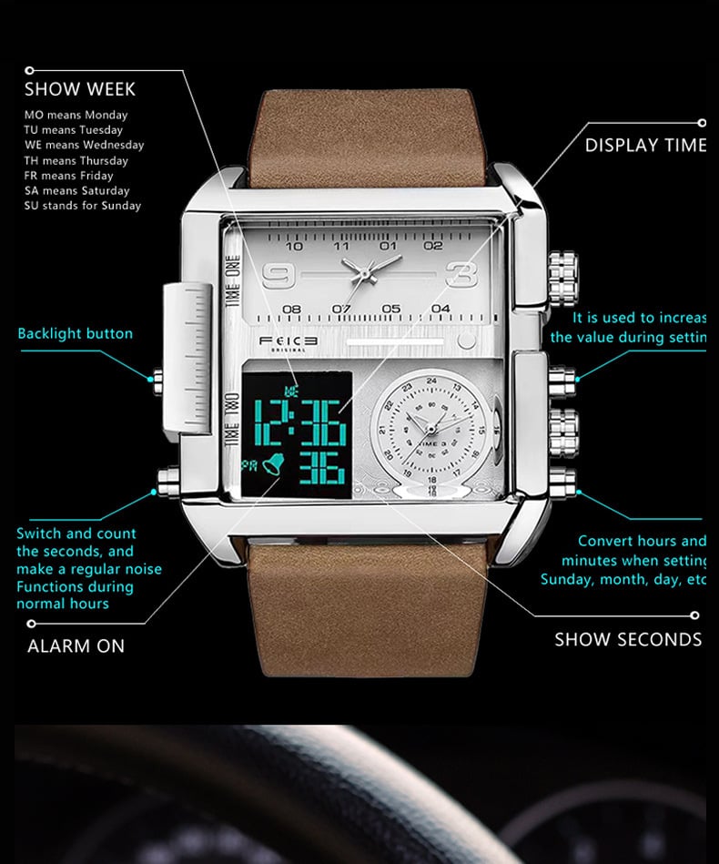 Men's Square Large-Dial Triple-Hand Quartz Watch