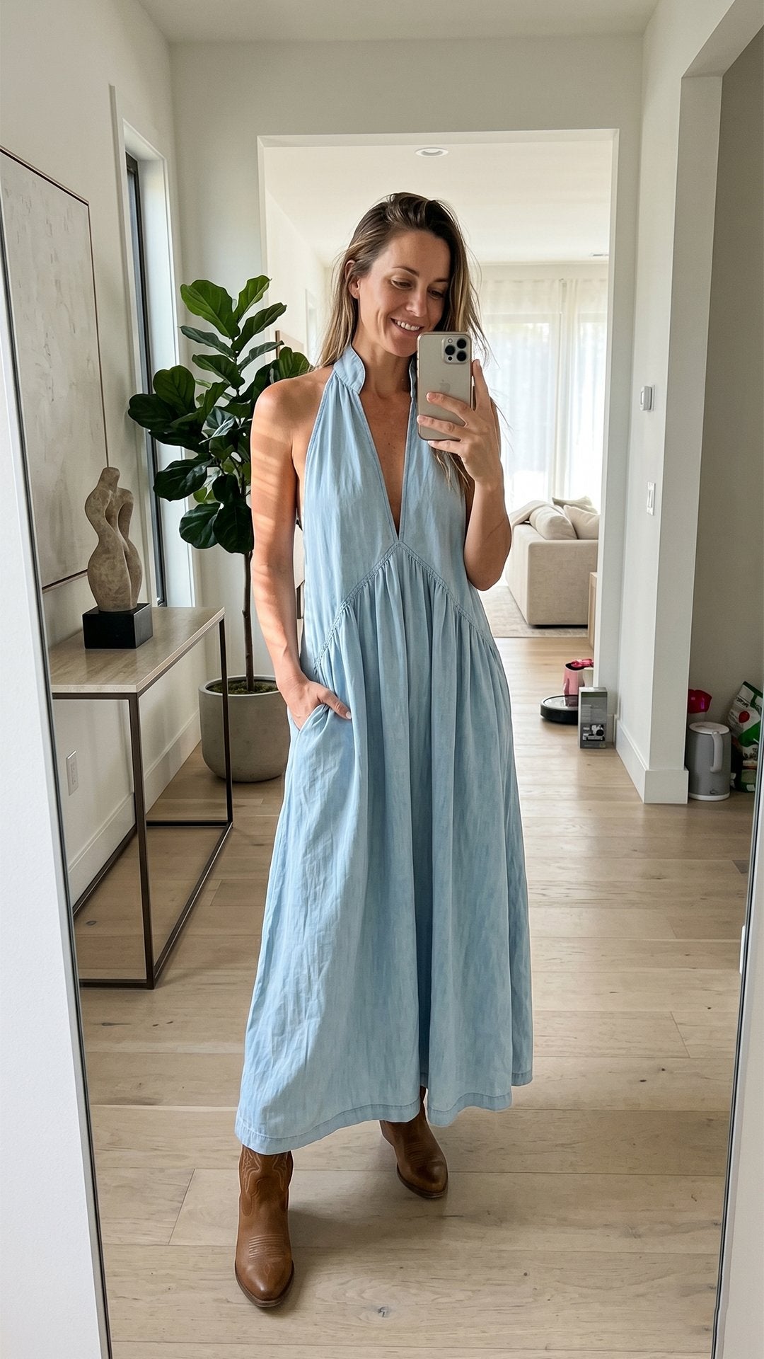 🕊️ THE HALTER SCULPT MAXI: HIGH NECK, DEEP V CUTOUT, HIDDEN POCKETS — YOUR MOST EFFORTLESS STATEMENT DRESS 🕊️
