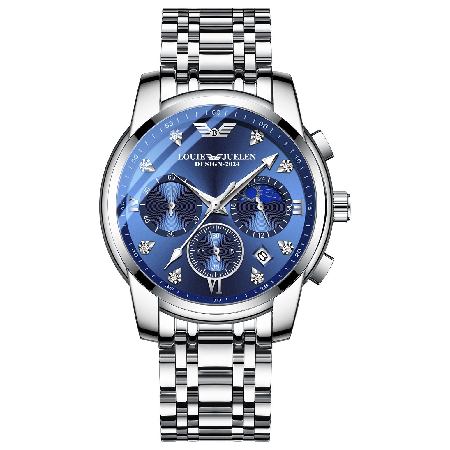 Men's luminous quartz watch with calendar, day, date, and moon phase display.